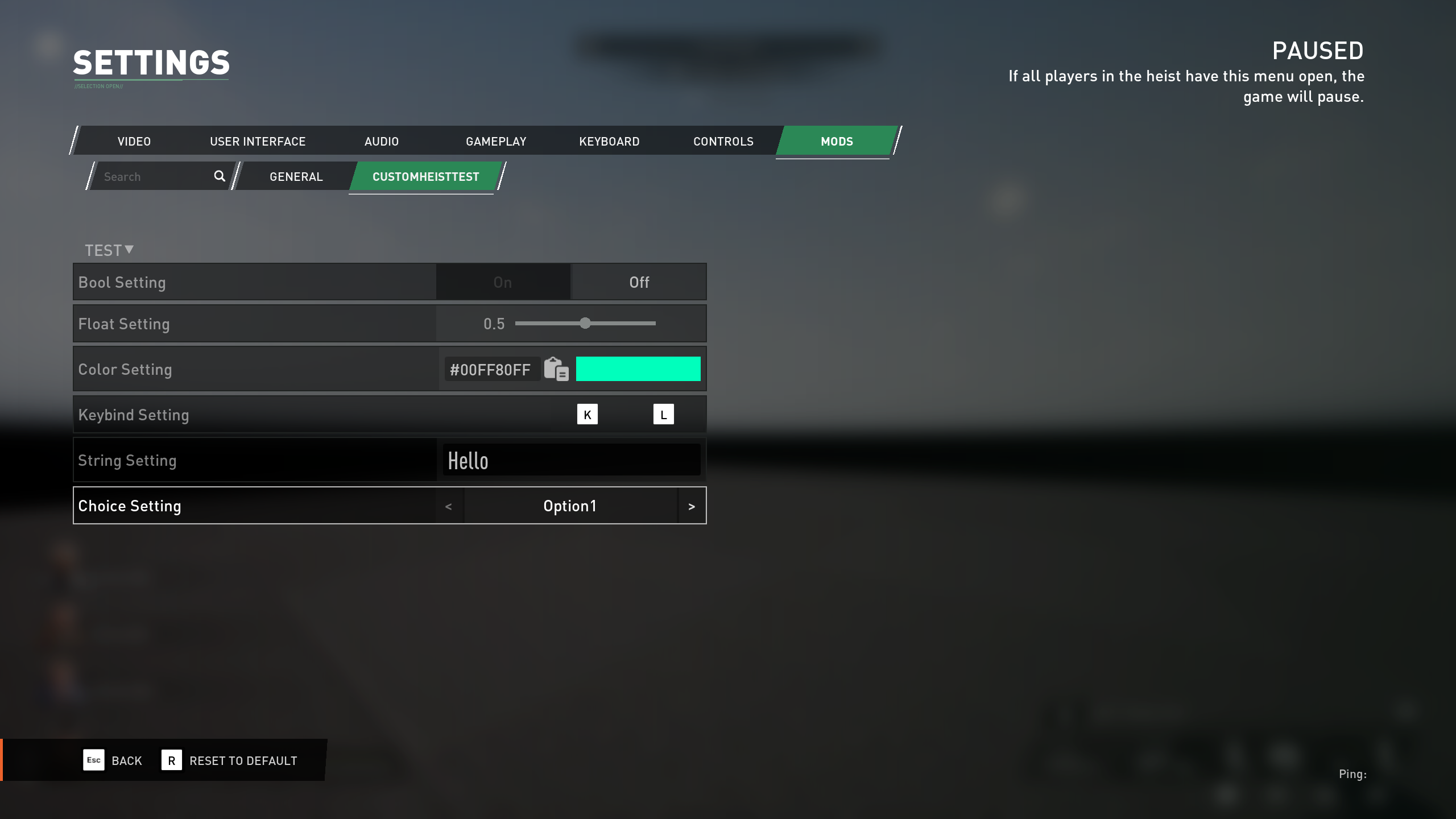 Mod settings menu