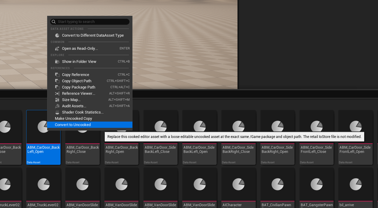 Cooked asset context menu showing Make Uncooked Copy and Convert to Uncooked