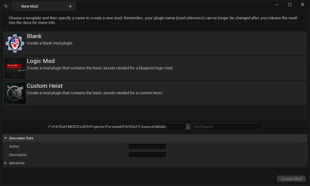 CrimeForge New Mod window