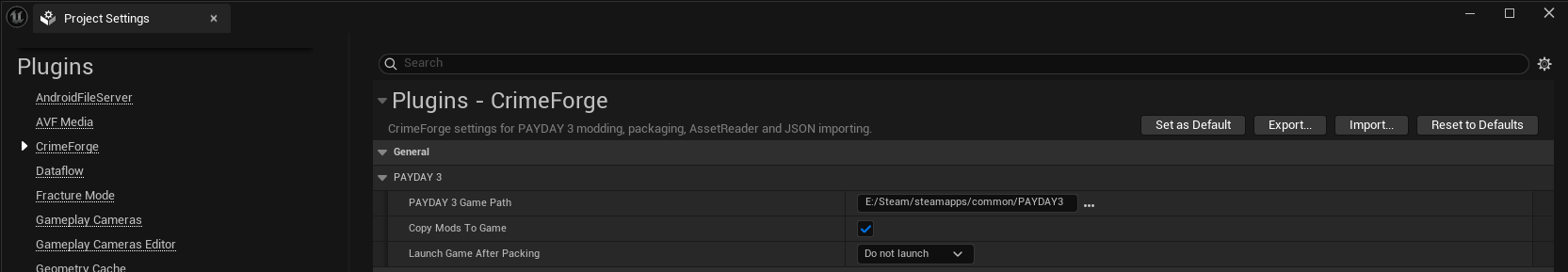 CrimeForge project settings for PAYDAY 3