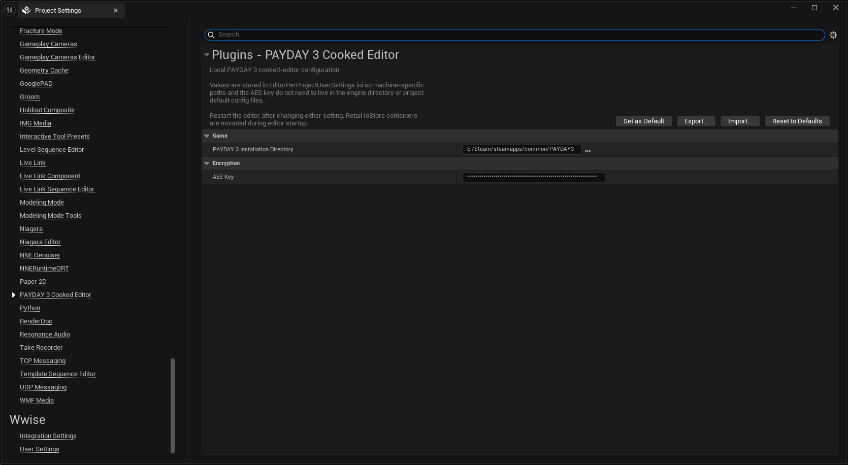 PAYDAY 3 Cooked Editor settings showing PAYDAY 3 Installation Directory and the masked AES Key field